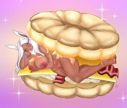 1girls 2025 2d areolae bacon big_breasts blush boku_no_hero_academia bread breasts bunny_ears bunny_girl bunny_tail cheese cheese_on_breasts color colored commission comrg curvy dark-skinned_female dark_skin digital_media_(artwork) female female_only female_prey food food_play full_body imminent_vore large_breasts laying_down looking_at_viewer micro micro_female mirko miruko my_hero_academia nipples red_eyes rumi_usagiyama sandwich shounen_jump shrunk shrunken_female smiling smiling_at_viewer solo solo_female voluptuous vore white_hair