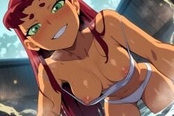 1girl ai ai_art ai_generated bare_shoulders bikini blush breasts collarbone colored_sclera dark-skinned_female dark_skin downblouse from_below green_eyes green_sclera grin leaning_forward long_hair looking_at_viewer medium_breasts navel nipple_slip nipples onsen outdoors partially_submerged red_hair sharp_teeth short_eyebrows smile solo starfire_(dc) steam strap_slip swimsuit teen_titans teeth thick_eyebrows underwear wading water wet white_bikini