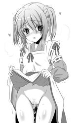 :o artist_request blush bottomless dress dress_lift female heart heart-shaped_pupils monochrome navel oda_nobuna_no_yabou onmyouji open_mouth peeing solo symbol-shaped_pupils takenaka_hanbee_(oda_nobuna_no_yabou) takenaka_hanbei_(oda_nobuna_no_yabou) tied_hair twintails