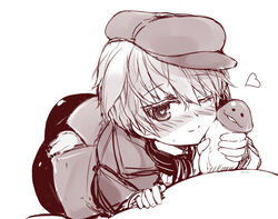 1boy 1girls animal animal_ear blush clothing ear female funghi hair handjob hat isabella_du_monceau_de_bergendal jacket male monochrome null_(nyanpyoun) penis penis_on_face short short_hair shorts smile solo_focus straight strike_witches tail touch_detective