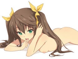 blush breasts brown_hair cute_fang female green_eyes hair_ribbon huang_lingyin infinite_stratos long_hair looking_at_viewer lying nipples nude on_stomach open_mouth ribbon shirokuma-kun simple_background smile solo tied_hair twintails white_background