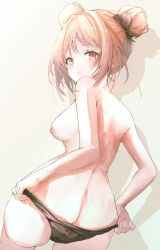 artist_request girls'_frontline p90_(girls_frontline) 1girls female female_only from_behind back back_view viewed_from_behind brown_hair double_bun looking_back looking_at_viewer red_eyes blush expressionless closed_mouth topless ass feet_out_of_frame panties breasts sideboob nipples medium_breasts