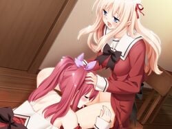 bare_shoulders blonde_hair blue_eyes blush censored closed_eyes clothes_down cunnilingus female game_cg hands_on_head legs long_hair matsubara_yuuna multiple_girls no_panties oda_nanami open_mouth oral peko petals ponytail purple_eyes purple_hair pussy_juice red_hair school_uniform sitting sono_hanabira_ni_kuchizuke_wo tied_hair tongue twintails yuri