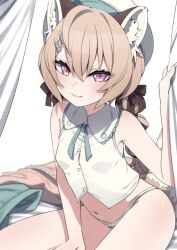 arm_support armpit_crease bare_shoulders bow bow_panties braid breasts brown_ribbon commentary female green_ribbons grin hair_between_eyes hair_ribbon highres jacket komachi_panko light_brown_hair looking_at_viewer low_twin_braids narrowed_eyes navel neck_ribbon panties phase_connect pink_eyes red_panda_ears red_panda_girl red_panda_tail ribbon sitting skirt sleeveless small_breasts smile solo stomach symbol-only_commentary thick_eyebrows thighs twin_braids underwear unworn_jacket unworn_skirt valefal_coneri vest virtual_youtuber white_panties white_ves