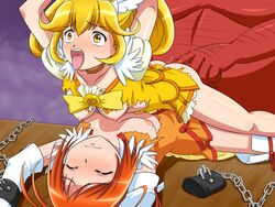 2girls akaoni bondage chains clothed_sex clothing cure_peace cure_sunny fingering from_behind fucked_silly goro_(artist) hi_res hino_akane human interspecies magical_girl medium_breasts multiple_girls pretty_cure red_oni red_skin small_breasts smile_precure threesome torn_clothes yayoi_kise