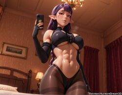 abs ai_generated bare_shoulders bed bedroom black_gloves black_hairband black_panties blunt_bangs bow bow_panties breasts cameltoe ceiling ceiling_light cellphone cowboy_shot elbow_gloves esil_radiru facial_mark female fingerless_gloves fingernails frills from_below gloves hairband highleg highleg_panties holding holding_phone indoors lamp large_breasts lips long_hair looking_at_viewer makeup meitabuu nail_polish navel panties pantyhose parted_lips phone pointy_ears purple_hair red_eyes selfie shiny_skin smartphone smile solo stomach sweat underboob underwear