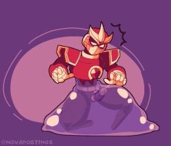 accurate_art_style accurate_body_type accurate_proportions gemstone gravity_circuit kai_(gravity_circuit) machine_only male male_only ninja ninja_mask no_mouth no_nose noseless novapostings purple_background red robot robot_humanoid robot_only slime slime_(substance) slime_monster stubby_feet surprised surprised_expression tiny_feet trapped trapped_in_slime