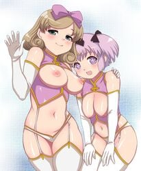 2girls bare_shoulders bow breasts breasts_out brown_hair cosplay elbow_gloves garter_straps gloves green_eyes hairbow haruka_(senran_kagura) hibari_(senran_kagura) hips matoyama multiple_girls nipples open_mouth pink_hair purple_eyes purple_hair senran_kagura short_hair smile symbol-shaped_pupils thighhighs wide_hips