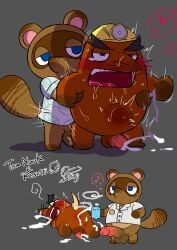 2026 abdominal_bulge absurd_res after_sex anal animal_crossing anthro blue_eyes canid canine clothing duo eulipotyphlan hi_res kemono male male/male mammal mature_male mole_(animal) mr._resetti nintendo otkmdng raccoon_dog sex shirt slightly_chubby standing tanuki tom_nook_(animal_crossing) topwear