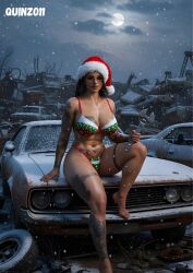 1girls 3d ai ai_art ai_generated artist_logo artist_name belly_button belly_button_piercing black_hair bluesky_link capcom cars christmas christmas_hat christmas_headwear christmas_underwear devil_may_cry_(series) devil_may_cry_5 female female_focus female_only full_moon glasses holding_wrench holidays junkyard looking_at_viewer merry_christmas moon navel navel_piercing nicoletta_goldstein night piercing quinzo11 santa_hat self_upload sitting_female sitting_on_car size_difference snow tattooed_female tattoos