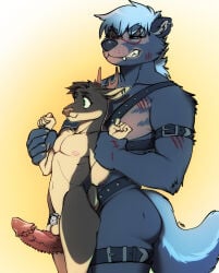 2026 anthro antlers arm_grab arm_scar balls black_nose blue_body blue_fur blue_hair brown_body brown_fur brown_hair chastity_cage chastity_device chest_scar digital_drawing_(artwork) digital_media_(artwork) doxy duo ear_piercing ear_ring erection eyes_mostly_closed facial_piercing facial_scar flat_chastity_cage fur genitals gold_nose_piercing gold_nose_ring green_eyes grey_body grey_fur hair hand_scar harness harness_only hi_res horn humanoid_hands industrial_piercing male male/male metal_chastity_cage narrowed_eyes navel nipples nose_piercing nose_ring nude_anthro nude_male penile_spines penis piercing pink_nipples pink_nose ring_piercing scar simple_background size_difference tan_body tan_fur wearing_chastity_cage wearing_chastity_device yellow_background