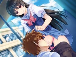 2boys androgynous aogiri_penta black_hair censored crossdressing cum cum_in_mouth cum_inside fellatio femboy femboy_on_male game_cg human josou_seme long_hair male male_only male_sucking_femboy multiple_boys nounai_kanojo oral penis shiokouji_kanata trap yaoi yome_juu!