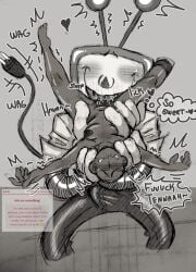 amputee anon antennae_(anatomy) blush boner boner_under_clothes breasts deltarune deltarune_chapter_3 disabled eating_pussy erection erection_under_clothes gloved_hands hairy_pussy holding_partner letttusse object_head overstimulated overstimulation saliva saliva_on_tongue self_insert size_difference smiling smiling_at_partner tail tenna_(deltarune) text text_bubble tits_out tv_head y/n you