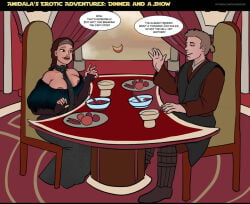 1boy 1girls anakin_skywalker areola_slip areolae big_breasts breasts brown_hair dialogue female male mavruda nipples padme_amidala star_wars text