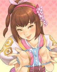 blush brown_eyes brown_hair cum cum_on_panties dress female hair_ornament licking_lips maou_alba oichi_(sengoku_musou) panties presenting sengoku_musou sweatdrop