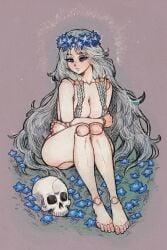 1girls akairiot alternate_version_available blue_eyes blue_flower braid braided_hair breasts doll doll_girl doll_joints elden_ring elden_ring_nightreign female female_focus female_only flower flower_crown flower_in_hair fromsoftware hi_res light-skinned_female light_skin looking_at_object looking_down no_visible_genitalia nude nude_female revenant_(nightreign) simple_background skull small_breasts solo solo_female solo_focus tagme white_hair