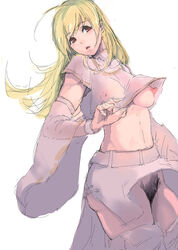 blonde_hair breasts detached_sleeves female long_hair nipples no_bra no_panties pubic_hair pussy red_eyes shirt_lift simple_background skirt skirt_flip sky_of_morika solo standing uncensored white_background