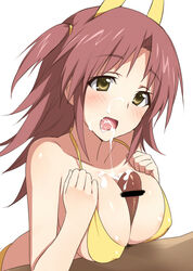 bikini blush breasts brown_hair censored collarbone cum cum_in_mouth ejaculation female infinite_stratos long_hair nohotoke_honne open_mouth paizuri penis shirokuma-kun short_twintails swimsuit tied_hair tongue twintails yellow_eyes