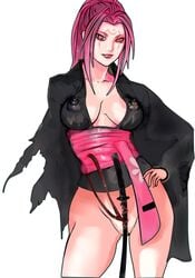 baiken bottomless breasts cleavage erect_nipples facial_mark female guilty_gear hand_on_hip japanese_clothes katana long_hair looking_at_viewer mikazuki_shigure nipples no_panties pink_hair see-through solo standing sword weapon