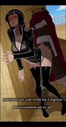 1boy1girl 1girls 2026 big_breasts black_hair cleavage digital_media_(artwork) english_text female female_focus female_penetrated going_merry hips jacket male mask masked nico_robin one_piece pre-timeskip strikingtulip thigh_boots unknown_male usopp usopp_(sogeking) water_7