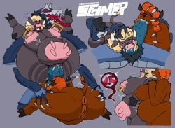 2_penises 2girls1boy 4_arms brown_body carrying chubby_anthro chubby_female cow_girl cross_shaped_pupils cum_in_pussy deepthroat diphallism face_fucking full_nelson furry furry_only goat_girl heart-shaped_pupils impregnation oc oral pierced_nipples ring_piercing scepticshmeptic shortstack size_difference sperm_meets_ovum stand_and_carry_position threesome throat_fuck