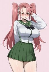 1girls ai_generated ass blush breasts clothed clothed_female glasses highschool_of_the_dead huge_ass huge_breasts light-skinned_female light_skin looking_at_viewer pink_hair saya_takagi school_uniform schoolgirl sweat sweatdrop sweating teen thick_thighs thighs truck-kun_art truck_kun twintails