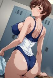 1girls after_bath after_workout ai_generated ass ass_focus ass_press athletic athletic_female bench bible_black bible_black_only big_ass big_breasts blush breasts brown_eyes brown_hair butt_crack competition_swimsuit curvaceous curvy curvy_body curvy_female curvy_figure dressing_room drying drying_body dutch_angle eyewear faithful_to_the_anime female female_focus female_only from_behind glasses high_resolution holding_clothing holding_object locker_room lockers looking_at_viewer looking_back looking_back_at_viewer nonogusa_miyuki one-piece_swimsuit presenting presenting_ass presenting_hindquarters rear_view rimless_glasses round_ass school_swimsuit short_hair shy sideboob standing swimsuit teenage_female teenager thighs towel upper_body walking wedgie wet wet_body wet_skin