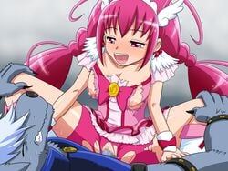 1boy censored clothed_sex clothing cure_happy female fur girl_on_top goro_(artist) hi_res hoshizora_miyuki human interspecies large_breasts lupine magical_girl pretty_cure sex shorts smile_precure spread_legs straight torn_clothes werewolf wolf wolfrun