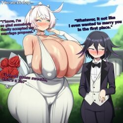 1boy 1girls ai_assisted ai_generated areolae ass big_ass big_breasts blue_eyes bouquet bowtie breasts bride choker collar danganronpa danganronpa_v3 dialogue dress elphelt_valentine fat_ass female femboy femboy_on_female flower flowers garden gigantic_ass gigantic_breasts guilty_gear guilty_gear_strive headband holding_flower huge_breasts larger_female looking_at_another looking_away male marriage married married_couple novelai ouma_kokichi outside pelvic_line purple_eyes purple_hair ring shy shy_male slop_gavv smaller_male smile smiling_at_partner smug smug_face smug_grin spiked_collar suit suit_and_tie teal_eyes text thick_thighs tight_clothing tight_dress tsundere twink voluptuous wedding wedding_attire wedding_dress wedding_ring white_hair wide_hips