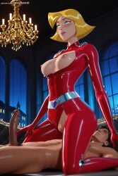 1boy 1girl ai_generated blonde_hair blue_eyes bodysuit breasts breasts_outside clover_(totally_spies) girl_on_top hat hetero hi_res high_quality high_resolution large_breasts latex nipples patreon penis seductive sexy shiny shiny_clothes short_hair solo_focus spicytoonai totally_spies uncensored unzipped watermark zipper