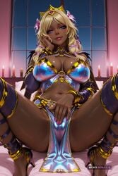 1girl ai_assisted ai_generated anime_screenshot aphrodite_(smite) barefoot bikini_armor blonde_hair blue_background blue_eyes breasts cameltoe candle_light candles cleavage close_up covered_erect_nipples crown dark_room fingernails gold_trim hair_flower hair_ribbon half_closed_eyes hand_on_own_face head_tilt highres hotel_room huge_breasts leotard lipstick looking_at_viewer lying_on_back makeup masturbating midriff navel night on_bed parted_lips pink_background pink_nails rubbing_crotch shy simple_background small_breasts smile solo spread_legs tri_tails upper_body very_dark_skin viewed_from_below window