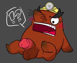 2026 animal_crossing anthro armor balls brown_body eulipotyphlan exclamation_point genitals hard_hat headgear helmet kemono male mammal mole_(animal) mr._resetti nintendo open_mouth otkmdng penis question_mark simple_background sitting slightly_chubby solo