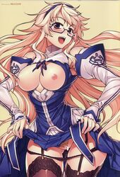 1girls black_panties blonde_hair blue_eyes blush breasts censored clothing dress freezing_(series) garter_belt glasses hair happy highres large_breasts long_hair looking_at_viewer nipples official_art open_mouth panties panty_pull pubic_hair satellizer_el_bridget smile standing stockings upskirt