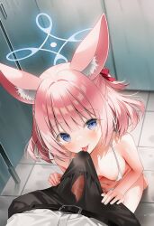 ai_generated animal_ear_fluff animal_ears areolae bare_shoulders barefoot blue_archive blue_eyes blush breasts collarbone erect_nipples erect_penis erection_under_clothes erotic_swimwear fellatio fox_ears fox_girl from_above hair_ribbon halo highres indoors kneeling looking_at_viewer medium_breasts navel niko_(blue_archive) penis penis_under_clothes pink_hair pov seductive_look seductive_smile slingshot_swimsuit string swimsuit thighs tongue_out white_slingshot_swimsuit