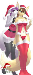 anthro blue_eyes brown_hair canine christmas dossun female fox fur furry hair hat holidays jess_(teckly) licking lingerie purple_eyes purple_hair pussy santa_hat skimpy thigh_highs tila tongue translucent wolf yuri