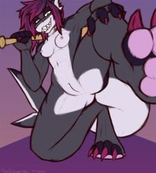 2026 anthro aquatic areola baseball_bat bat_(object) breasts dansharkman digital_drawing_(artwork) digital_media_(artwork) english_description erect_nipples female fish genitals grey_body hi_res holding_bat humanoid_hands jack_(dansharkman) looking_at_viewer looking_down looking_down_at_viewer medium_hair navel nipples non-mammal_breasts non-mammal_nipples nude nude_anthro nude_female pawpads pink_areola pink_nipples pink_pawpads purple_eyes raised_leg shark shark_tail sharp_teeth solo teeth vulva