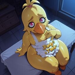 1girls ai_generated anthro anthro_female arm_support avian beak bib bird bottomless bottomless_female chica_(fnaf) chicken chubby clothes_writing drawer eyelashes fat fat_female five_nights_at_freddy's five_nights_at_freddy's:_secret_of_the_mimic flat_chest from_above full_body furrowed_brow furry furry_female furry_only hand_on_chest hand_up head_tuft indoors looking_at_viewer looking_up moonlight night on_table orange_beak orange_body party_time_chica party_time_chica_(fnaf) pink_eyes plump sitting solo solo_female style_emulation table tablecloth talons text_on_clothing thick_thighs three-quarter_portrait three-quarter_view tifokoh57 tile_floor topknot upturned_eyes wide_hips window wooden_table yellow_body