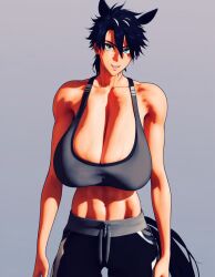 ai_generated athletic athletic_female bare_midriff bare_shoulders big_breasts black_hair horse_ears horse_tail horsegirl lean_figure sagging_breasts short_hair skinny smile spiky_hair sports_bra thin tomboy turquoise_eyes