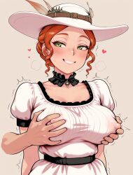 ai_generated anno_1800 bente_jorgensen covered_nipples curly_hair green_eyes grope_from_behind groped_from_behind heart mayihavesomeslops nipple_tweak orange_hair smile tweaking_nipple