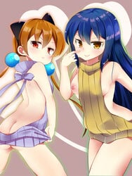 2girls agent_aika alisa_southerncross alternate_costume amaguri_aniko animal_ears areola_slip areolae ass ass_cleavage back backless_outfit bangs bare_back bare_legs bare_shoulders blue_hair blush body_blush breasts breasts_out brown_eyes butt_crack crossover delmo drawstring dress eyebrows eyebrows_visible_through_hair fake_animal_ears female from_behind golden_delmo hair_bobbles hair_ornament hairband human keroro_gunsou legs long_hair looking_at_viewer looking_back low_twintails medium_breasts meme_attire multiple_girls naked_sweater nipples no_bra no_panties open-back_dress orange_hair pale-skinned_female pale_skin pink_eyes pout ribbed_sweater rie_petoriyacowa shiny short_dress sideboob simple_background smile standing sweater sweater_dress thighs turtleneck turtleneck_sweater twintails very_long_hair villainess virgin_killer_sweater