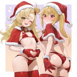 2d 2girls ;d absurdres ass bell bikini bikini_bottom bikini_top black_choker blonde blonde-haired_female blonde_female blonde_hair blonde_hair_female blush border breasts cameltoe capelet choker christmas color colored commentary covered_erect_nipples english_commentary female female_only fur_trim gloves green-eyed_female green_eyes green_eyes_female hair_bun hat heart heart_hands highres jingle_bell looking_at_viewer luciana_de_montefio micro_bikini multiple_girls navel one_eye_closed open_mouth petite petite_body petite_breasts petite_female piper_wheel red-eyed_female red_bikini red_bikini_bottom red_bikini_top red_eyes red_eyes_female red_gloves red_thighhighs santa_bikini santa_costume santa_hat side_ponytail single_hair_bun skinny skinny_female small_breasts smile stomach swimsuit thighhighs weimiaw white_border zenless_zone_zero