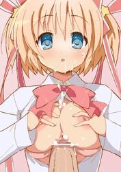 1girls 9law :o blonde_hair blue_eyes blush bra bra_down bra_pull breasts censored cleavage clothing cum ejaculation female hair_ribbon kamikita_komari little_busters! male nipples oekaki open_clothes open_mouth open_shirt paizuri penis pink_bra ribbon school_uniform short_hair underwear