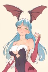 bat_wings bats black_leotard breasts bridal_gauntlets cleavage darkstalkers demon_girl green_eyes green_hair head_wings high_leg_leotard hks_(timbougami) leotard long_hair looking_at_viewer medium_breasts morrigan_aensland nail_polish nails pantyhose purple_pantyhose simple_background sketch smile solo strapless strapless_leotard succubus succubus_wings timbougami upper_body wide_hips wings wings_on_head