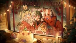 3girls :d akumi blonde_hair blue_eyes blush brown_hair cake christmas food momotexx_(artist) momotexx_(vtuber) multicolored_hair multiple_girls not_porn open_mouth smile table vyugen white_hair yenko