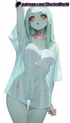 1girls 2025 ai_generated artist_name blush breasts bust chest colored_skin cyberpunk:_edgerunners electroworld female green_hair hi_res high_quality high_resolution highres long_hair navel open_mouth patreon patreon_username rebecca_(edgerunners) see-through shirt simple_background solo stable_diffusion watermark white_background white_shirt
