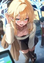 1boy 1femboy adjusting_hair bag blonde_hair blue_eyes bridget canon_crossdressing casual collarbone crossover flat_chest from_above guilty_gear guilty_gear_strive hakusyokuto handbag jacket jewelry leaning_forward medium_hair necklace open_mouth phone skirt smile sweat sweater thighhighs unworn_jacket
