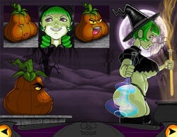 ass big_ass big_breasts breasts bubble_butt dat_ass dongidew english_text green_hair potion pumpkin smile text witch witchcraft