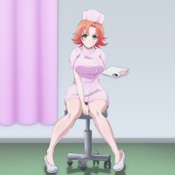 1girls blue_eyes clothed_female maikbeelzebub nora_valkyrie nurse nurse_cap nurse_clothing nurse_hat nurse_headwear nurse_outfit nurse_uniform orange_hair orange_hair_female rwby solo_female