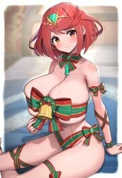 1girls absurdres alternate_costume bare_shoulders blush bondage bound breasts christmas christmas_present commentary_request earrings female female_only floating_earrings gem gift gonzarez highres impossible_clothes jewelry large_breasts looking_at_viewer monolith_soft nintendo on_bed pyra red_eyes red_hair short_hair swept_bangs thick_thighs thighhighs thighs tiara xenoblade_(series) xenoblade_chronicles_2