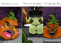 angry ass big_ass big_breasts breasts bubble_butt cauldron dat_ass dongidew english_text from_behind green_skin hat potion pumpkin striped_stockings table teeth test_tube text thigh_gap thighhighs thong underboob witch witch_hat witchcraft wood